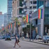 Pride flags are seen near a beach in Tel Aviv ahead of the city’s annual Pride Parade scheduled for next week, June 6, 2026. 