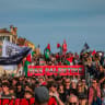 Protesters march from Viale Garibaldi towards the Arsenale during a demonstration called by the Art Not Genocide Alliance (ANGA) demanding the exclusion of Israel and Russia from the 61st Venice Biennale on May 08, 2026 in Venice, Italy. 
