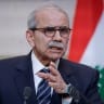 Lebanese Prime Minister Nawaf Salam speaks during a declaration press event held along with French President Emmanuel Macron (not pictured) following their meeting at the Elysee Presidential Palace in Paris, France, April 21, 2026.
