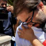 Father of Sam Abu Haykal, a 7-month-old Palestinian child who was killed by Israeli soldiers, reacts as he holds his body during his funeral in Hebron in the Israeli-occupied West Bank, June 6, 2026. 