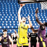 MACCABI TEL AVIV’S Roman Sorkin shoots for two of his 21 points in the yellow-and-blue’s 107-93 victory over Hapoel Holon in Game 1 of their semifinal series. 