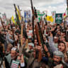 HOUTHI SUPPORTERS hold up weapons as they demonstrate in Sanaa, Yemen, to show solidarity with Lebanon, after a 10-day ceasefire between Lebanon and Israel went into effect, April 17, 2026. 