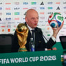 FIFA President Gianni Infantino Press Conference - Estadio Azteca, Mexico City, Mexico - June 10, 2026 FIFA President Gianni Infantino with the FIFA World Cup trophy during the press conference.