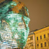  Night view of Prague’s rotating ‘Head of Franz Kafka’ sculpture.