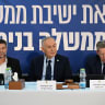 Finance Minister Bezalel Smotrich, Prime Minister Benjamin Netanyahu, and Government Secretary Yossi Fuchs at government meeting in Nof Hagalil approving a plan to develop North, Thursday June 11, 2026.