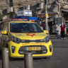 A Magen David Adom vehicle is seen on Jaffa Street outside the Mahane Yehuda Market in Jerusalem, June 8, 2026