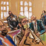 Former Taliban commander Haji Najibullah, previously accused of kidnapping an American journalist, appears on charges related to murdering three US troops in Afghanistan in 2008 during a court hearing in New York, US, October 15, 2021 in this courtroom sketch.