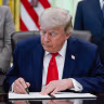 US President Donald Trump signs a proclamation for restoring American commercial fishing in the Pacific, in the Oval Office at the White House in Washington, DC, US, June 11, 2026. 