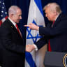 U.S. President Donald Trump points his finger towards Israeli Prime Minister Benjamin Netanyahu as they shake hands during a press conference after meeting at Trump’s Mar-a-Lago club in Palm Beach, Florida, U.S., December 29, 2025. 