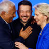  Ukraine's President Volodymyr Zelenskiy, European Commission President Ursula von der Leyen and European Council President Antonio Costa react as they attend a press conference on the fourth anniversary of Russia's full-scale invasion of Ukraine, in Kyiv, Ukraine, February 24, 2026.