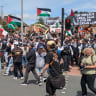 Anti-Israel protesters congregate outside London's Edgeware Unietd Synagogue on Sunday, June 14, 2026 during an Israeli real estate event.