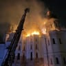 Firefighters work at a site of the Dormition Cathedral of the Kyiv Pechersk Lavra monastery, which burns after it was hit during Russian missile and drone strikes, amid Russia's attack on Ukraine, in Kyiv, Ukraine June 15, 2026.