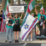 Protesters against the Iranian regime demonstrate outside Carson Sports Park in Carson, California, US, June 14, 2026.