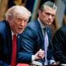 US President Donald Trump speaks next to Defense Secretary Pete Hegseth during a cabinet meeting in the Cabinet Room at the White House, in Washington, DC, US, May 27, 2026. 