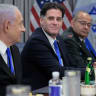 Israeli Prime Minister Benjamin Netanyahu (L) is joined by Israeli Minister of Strategic Affairs Ron Dermer and other officials for a meeting with U.S. Secretary of Defense Pete Hegseth at the Pentagon on July 09, 2025 in Arlington, Virginia. 