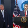 CIA Director John L. Ratcliffe speaks as US President Donald Trump (L) looks on during a news conference in James S. Brady Press Briefing Room of the White House on April 06, 2026 in Washington, DC.
