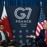 US President Donald Trump attends a bilateral meeting with the Emir of Qatar, Sheikh Tamim bin Hamad Al Thani, on the sidelines of the G7 summit, in Evian-les-Bains, France, June 16, 2026.