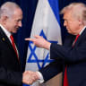  US President Donald Trump points his finger towards Israeli Prime Minister Benjamin Netanyahu as they shake hands during a press conference after meeting at Trump’s Mar-a-Lago club in Palm Beach, Florida, US, December 29, 2025. 