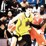 MACCABI TEL AVIV’S Roman Sorkin (left) battles with Hapoel Tel Aviv’s Johnathan Motley (right) during the yellow-and-blue’s 96-75 victory over the Reds in Game 1 of the Israel Basketball League finals at Yad Eliyahu. 