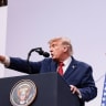 U.S. President Donald Trump, with Commerce Secretary Howard Lutnick and Secretary of State Marco Rubio, holds a press conference during the G7 Summit in Evian-les-Bains, France, June 17, 2026.