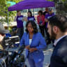 DC MAYORAL candidate Janeese Lewis George prepares for an interview with members of the news media next to a voting site at the Chevy Chase Community Center during DC’s primary voting day in Washington, DC, US, June 16, 2026.