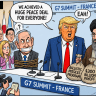 An AI-generated cartoon depicting US President Donald Trump's deal with Iran and the G7 summit.