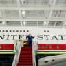 US President Donald Trump gestures as he tours the VC-25B aircraft gifted by Qatar that will be used as Air Force One, at Joint Base Andrews, Maryland, US, June 19, 2026. 