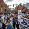  US-ISRAEL-PALESTINIAN-CONFLICT-POLITICS-VOTE-PROTEST Pro-Palestinian demonstrators march during a "No Votes for Genocide" rally organized by the Boston Coalition for Palestine ahead of the US general election in Boston on November 2, 2024