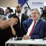 Founder of French left-wing party La France Insoumise (LFI) and presidential candidate Jean-Luc Melenchon visits the VivaTech technology startups and innovation fair at the Paris Expo Porte de Versailles, in Paris on June 19, 2026. 