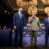 Pakistan's Prime Minister Shehbaz Sharif speaks standing between US Vice President JD Vance and Qatar's Prime Minister Sheikh Mohammed bin Abdulrahman bin Jassim al-Thani prior to a quadrilateral meeting between the United States, Iran, Pakistan, and Qatar in Switzerland, on June 21, 2026. 