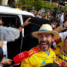 Colombia's right-wing presidential candidate Abelardo De La Espriella, joined by his wife Ana Lucia Pineda, reacts during a runoff against leftist candidate Ivan Cepeda, in Barranquilla, Colombia, June 21, 2026. 