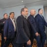 FOREIGN MINISTER of Iran Abbas Araghchi, and Speaker of Iran Mohammed Bagher Ghalibaf with the delegation of Iran at the Lake Lucerne Summit at the Buergenstock resort in Obbuergen, near Lucerne, Switzerland, Sunday, June 21, 2026.
