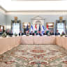 YECHIEL LEITER (far L), Israeli Ambassador to the US, and Nada Hamadeh (far R), Lebanese Ambassador to the US, attend a meeting hosted by the United States at the State Department in Washington, DC, on June 2, 2026.