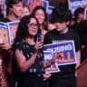 Democratic Congressional candidate Claire Valdez speaks during an election eve rally at Silo on June 22, 2026 in the East Williamsburg neighborhood of Brooklyn.