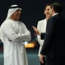 US Secretary of State Marco Rubio speaks to the media upon his arrival at Al Bateen Executive Airport to discuss the interim deal between the US and Iran with Arab Gulf allies, in Abu Dhabi, United Arab Emirates, June 23, 2026.