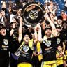  MACCABI TEL AVIV celebrates on the court with the trophy after beating Hapoel Tel Aviv 83-79 in the decisive Game 4 of the Israel Basketball League Finals to clinch the local championship for the 58th time.