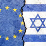 An illustrative image of Israeli and the European Union flags with a division between them.