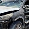 Car of Mohammed Aydah, a Yemeni journalist at the Saudi-owned television network al-Arabiya, is pictured at the yard of a police station after an explosive device planted in the car detonated and killed him, in Mukalla, Yemen June 25, 2026. Picture taken with a mobile phone.