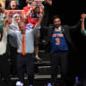 CONGRESSIONAL CANDIDATE Claire Valdez, Congressional candidate Brad Lander, Mayor Zohran Mamdani, and Congressional candidate Darializa Avila Chevalier raise their hands during a Get Out the Vote (GOTV) rally at King's Theater on June 18, 2026 in New York City. 