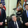 US VICE President JD Vance and US President Donald Trump listen to US Secretary of State Marco Rubio speak during a meeting with Lebanon Ambassador to the US and Israel Ambassador to the US, at the White House in Washington, DC on April 23, 2026. 