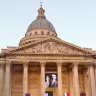 A portrait of the late historian and resistance fighter Marc Bloch adorns the facade of the Pantheon before his induction ceremony along with his wife Simonne Vidal in Paris, France, June 23, 2026.