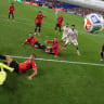 Iran's Shoja Khalilzadeh scores a goal past Egypt's Mostafa Shoubir that was later disallowed, June 26, 2026.