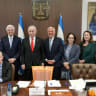 JFNA Board of Directors chairman Gary Torgow is seen with assembled Israeli government officials, including Prime Minister Benjamin Netanyahu, after the government approved a NIS 200m. plan to bolster Jewish education in the Diaspora on June 28, 2026. 