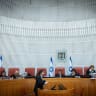 Supreme Court President Isaac Amit and ten Supreme Court justices arrive for a hearing on petitions against the change to the composition of the Judicial Selection Committee, at the Supreme Court in Jerusalem, June 21, 2026. 