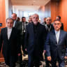 The Iranian delegation led by Mohammad Baqer Qalibaf, Speaker of the Parliament of Iran (center) arrives to meet with the Pakistani delegation led by Prime Minister Shehbaz Sharif (not pictured) on June 21, 2026 in Obbuergen, Switzerland.