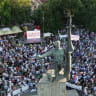 A DRONE picture shows people gathering for a protest, as part of a nationwide anti-government movement triggered by the deadly collapse of the Novi Sad railway station canopy in November 2024, following Serbian President Aleksandar Vucic's resignation announcement, in Kraljevo, Serbia, June 28, 2026