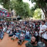 FOOTBALL FANS gather to watch USA and Paraguay at San Pedro Square for a FIFA World Cup watch party on June 12, 2026 in San Jose, California.