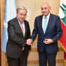 Lebanese Parliament Speaker Nabih Berri (R) shakes hands United Nations Secretary General Antonio Guterres (L) ahead of their meeting in Beirut, on March 13, 2026.