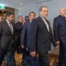 IRAN'S DELEGATION including Minister of Foreign Affairs of Iran Abbas Araghchi (C) and Speaker of the Islamic Parliament of Iran, Mohammed Bagher Ghalibaf (2ndR) arrive for a quadrilateral meeting between the United States, Iran, Pakistan and Qatar at the Burgenstock luxury hotel complex.