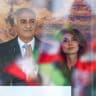 Iranian Crown Prince Reza Pahlavi and his wife Yasmine Pahlavi attend a demonstration by Iranian pro-monarchy supporters near the Reichstag building in Berlin, Germany, April 23, 2026. 